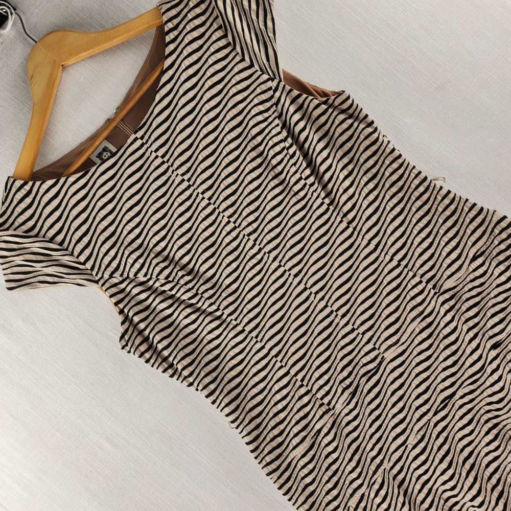 Anne Klein Fit and Flare Dress Women 12 Tan Black Zebra Textured Seersucker - Picture 2 of 12